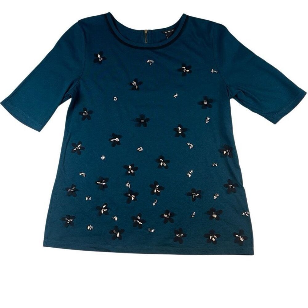 Ann Taylor Teal Short Sleeve Top S Floral Sequin Appliqué Back Zip (317)